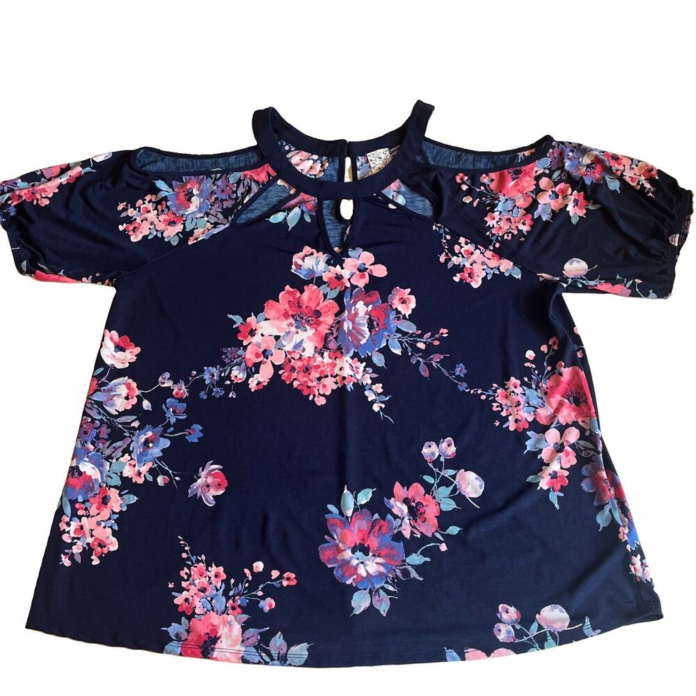 Naif Cold Shoulder Blouse Womens 3XL Navy Blue Pink Floral Cutouts Keyhole EUC